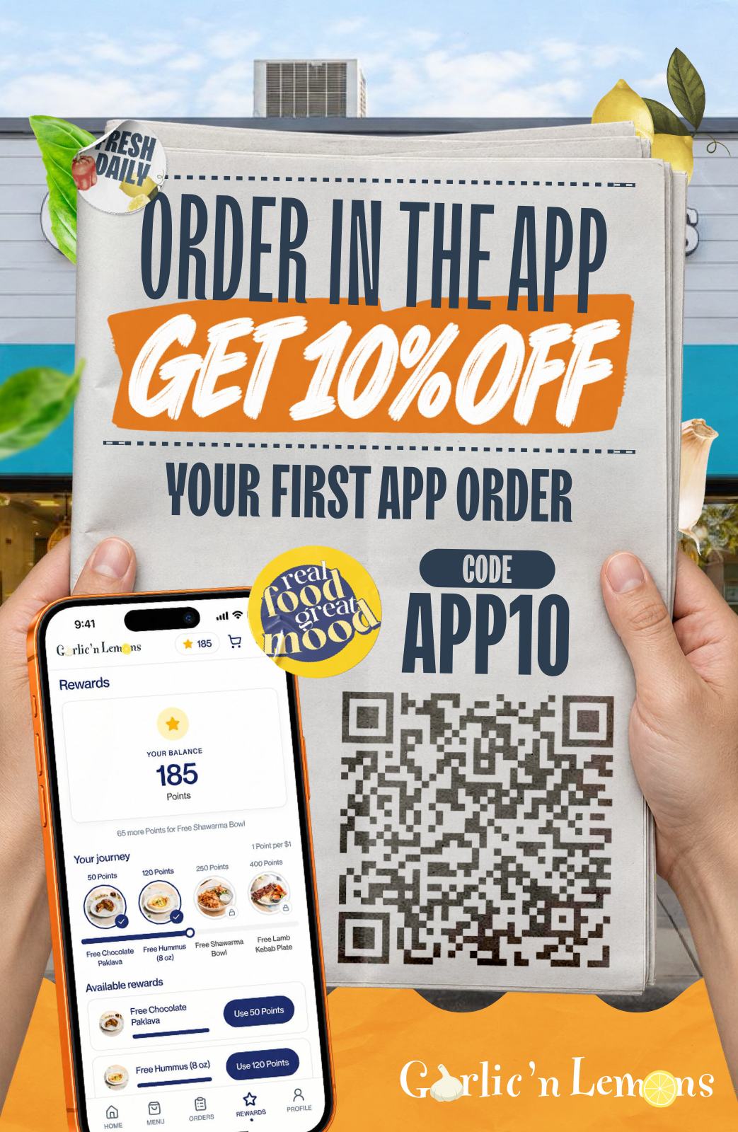 App launch campaign: poster, designed by CGRabbit for Garlic'n Lemons