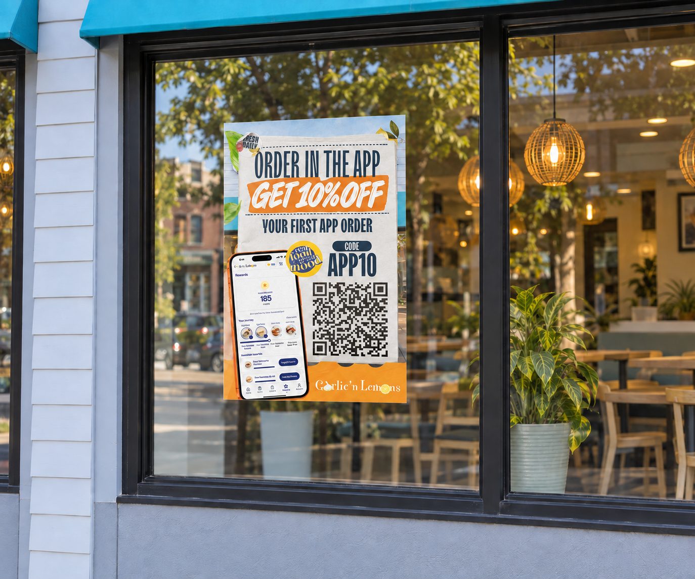 App launch campaign: window poster (mockup), designed by CGRabbit for Garlic'n Lemons