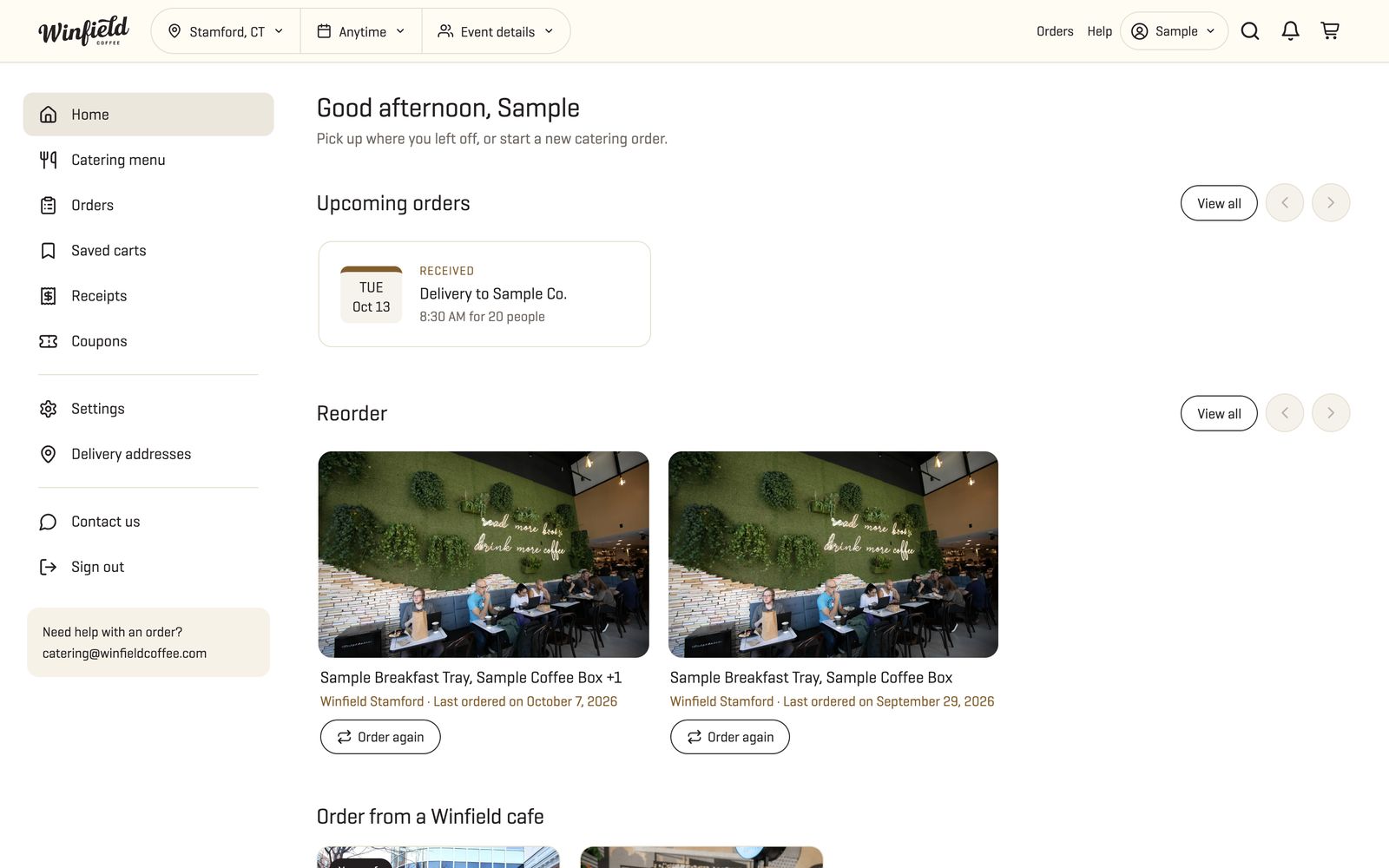 Customer account with upcoming orders and one-click reorder, shown with a sample customer