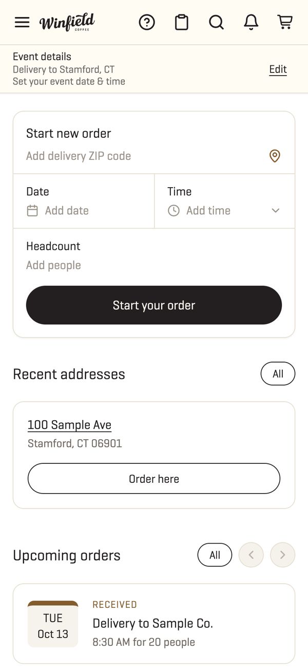 The customer account on a phone, shown with a sample customer