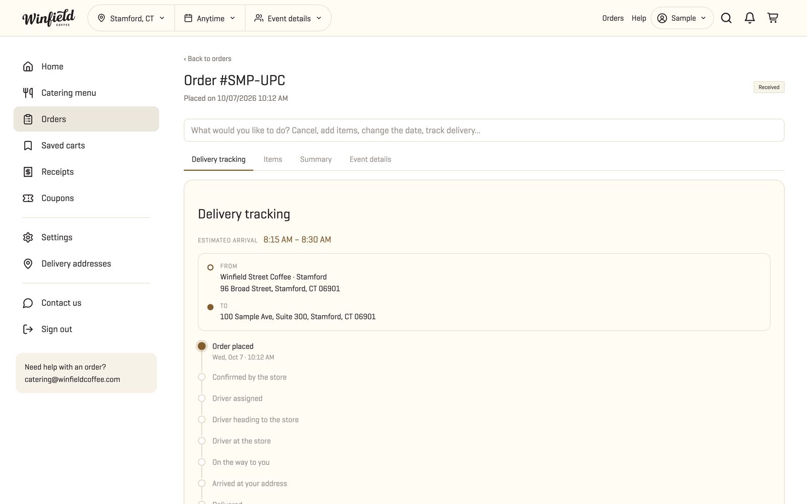 Order page in the customer account with the delivery tracking timeline, shown with a sample customer