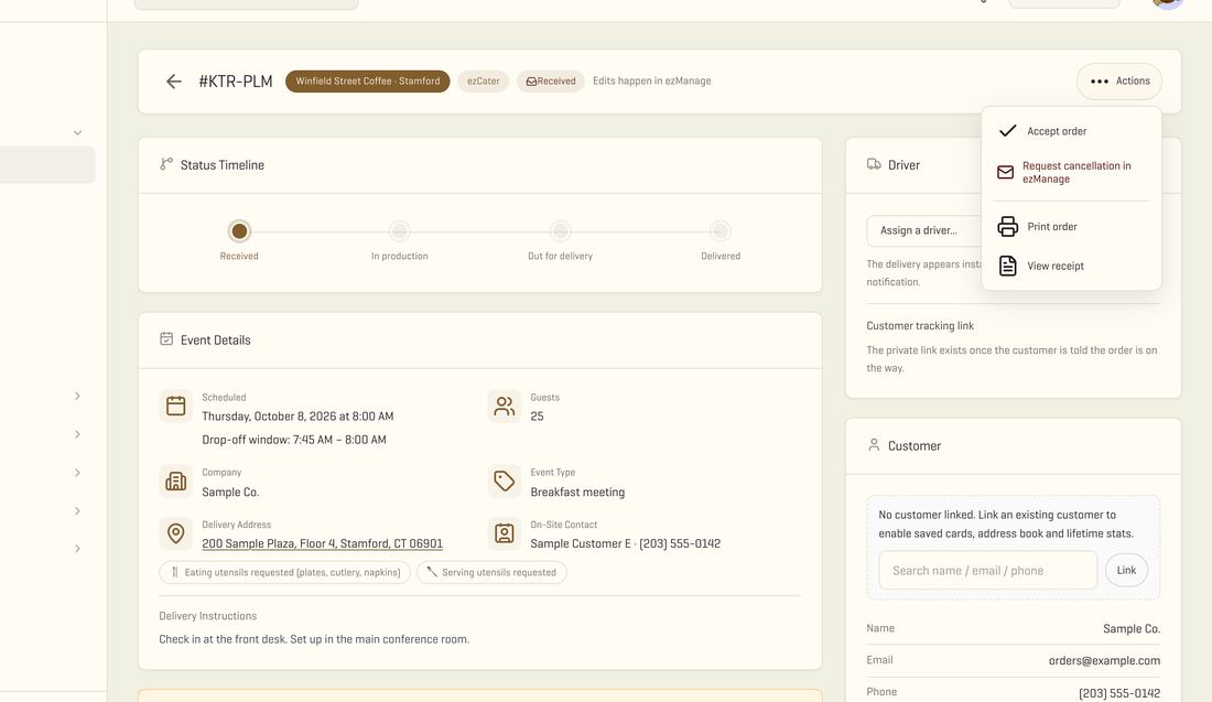 The real Winfield dashboard with an ezCater order waiting to be accepted, shown with sample data