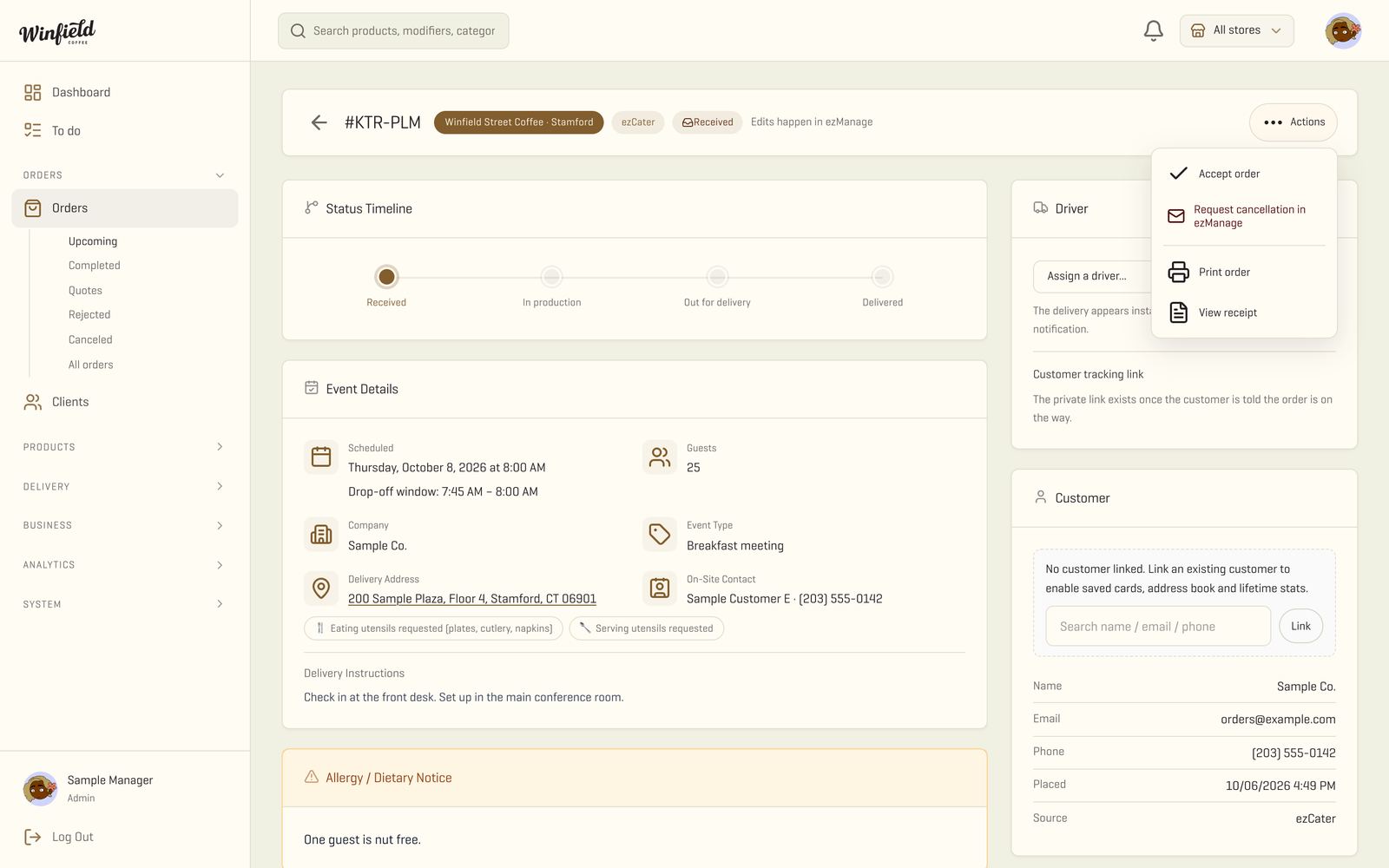 Real order page with its status timeline and actions, shown with sample data