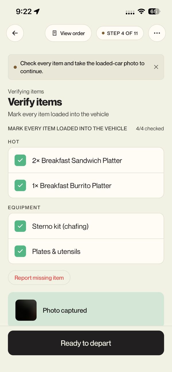 Branded driver app: every item checked and the loaded-car photo taken before leaving