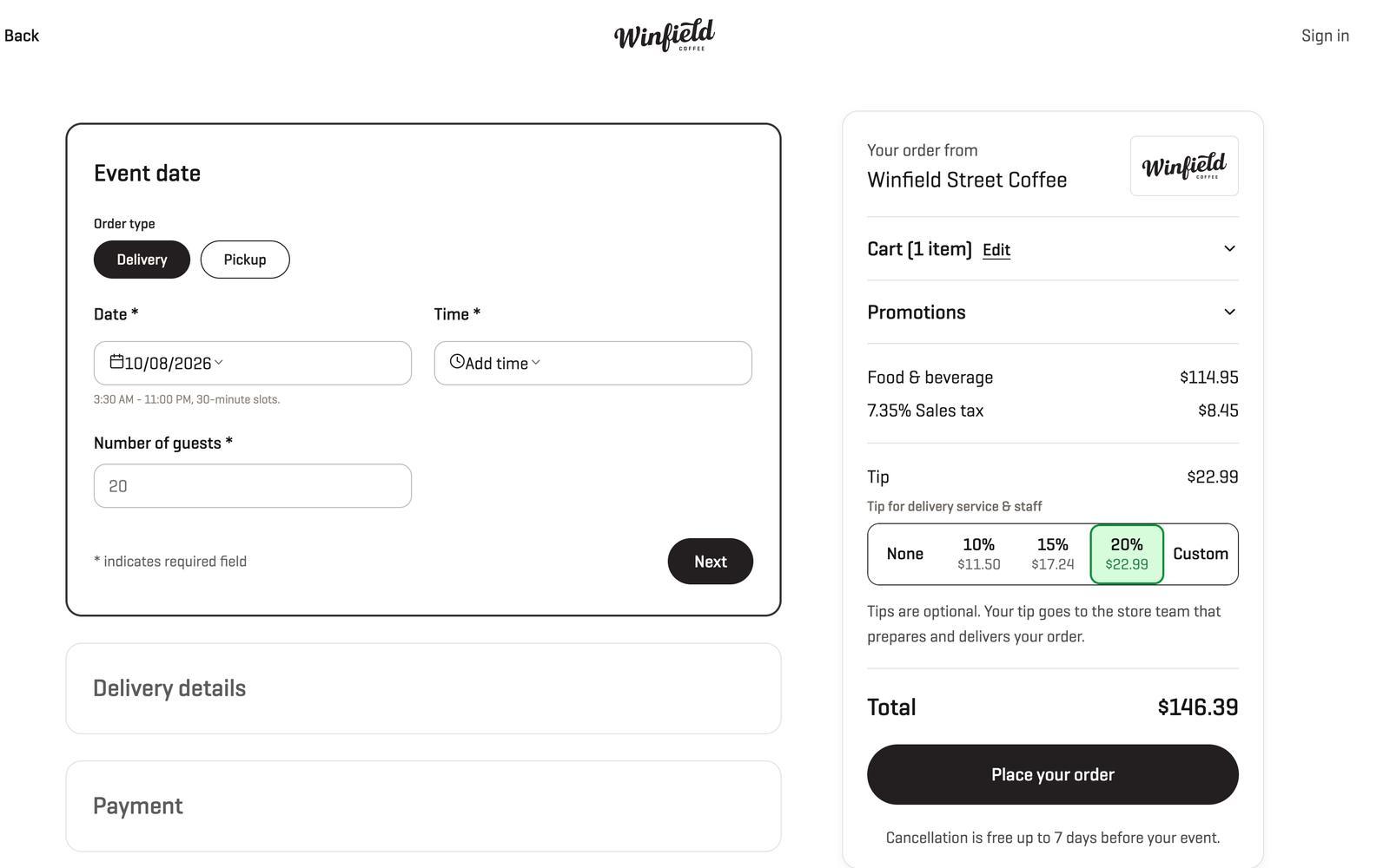 Checkout with event date, delivery or pickup and the order summary with local sales tax