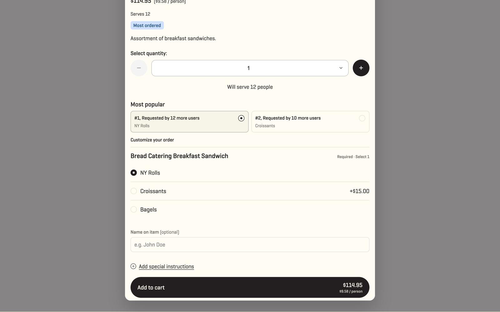 A catering platter open with its required options and the add to cart button