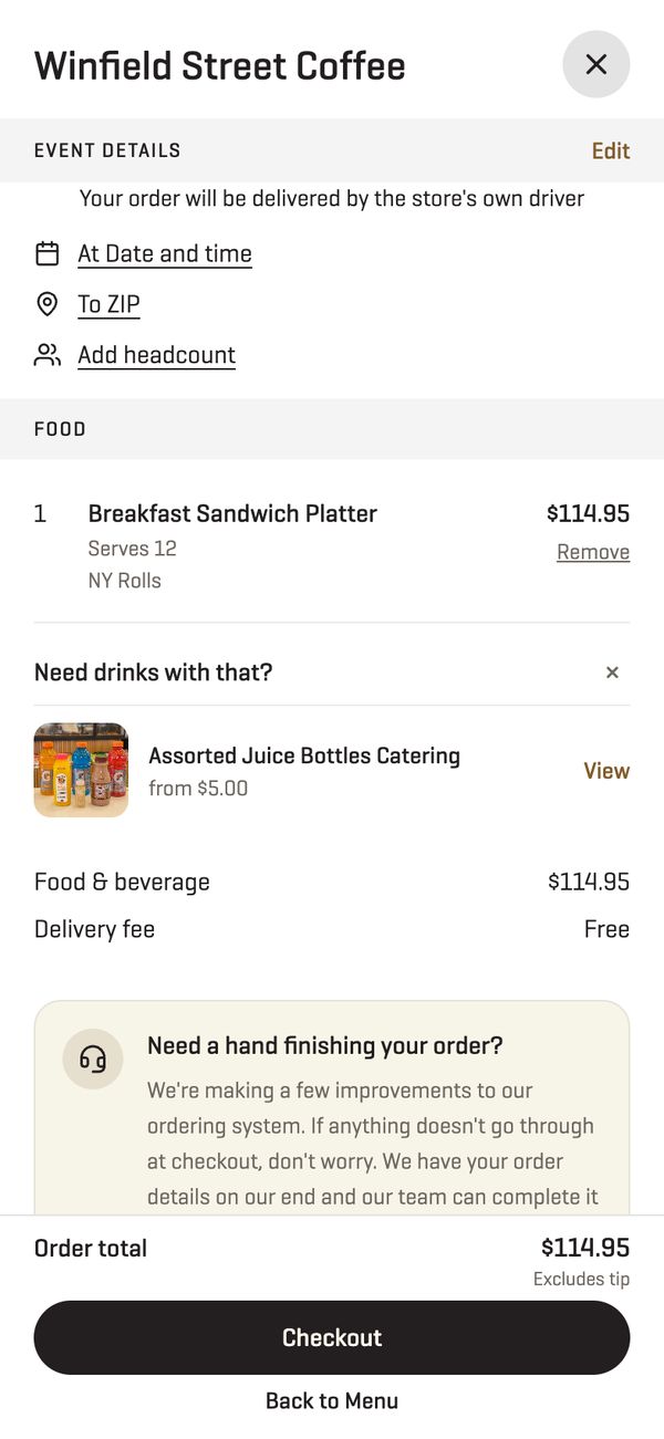 Cart with the platter, order total and the checkout button