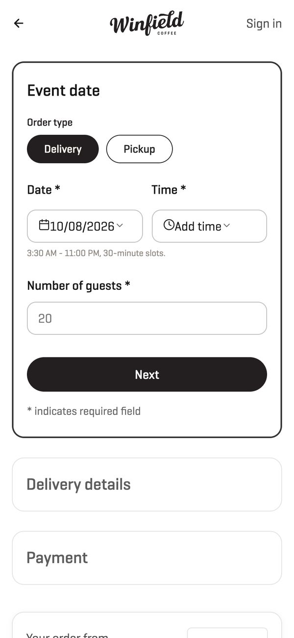 Checkout: event date, delivery or pickup, then delivery details and payment