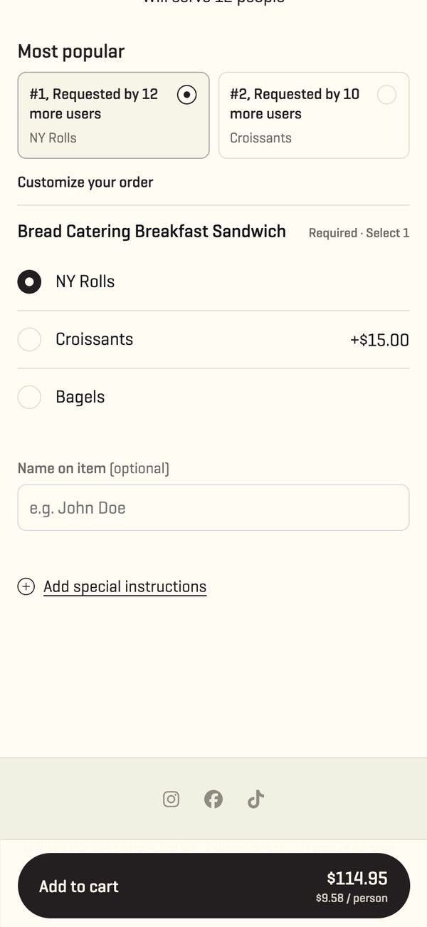 The same platter with its required bread choice selected and the add to cart button