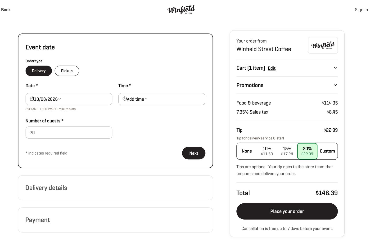 Winfield checkout on desktop with the order summary, local sales tax and total