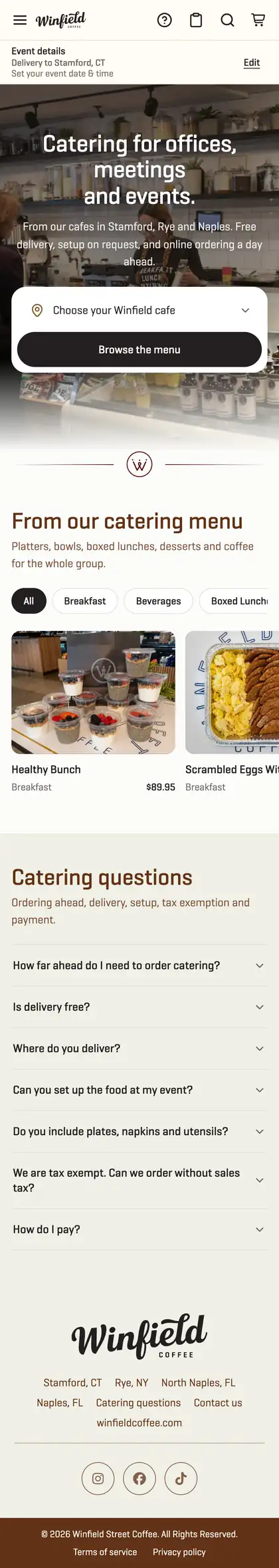 The Winfield ordering site home, on a phone